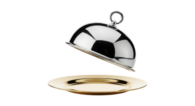 Floating silver cloche and gold serving plate on transparent background