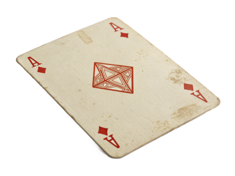 An old ace of diamonds playing card isolated on transparent background, showing signs of wear and age, vintage look