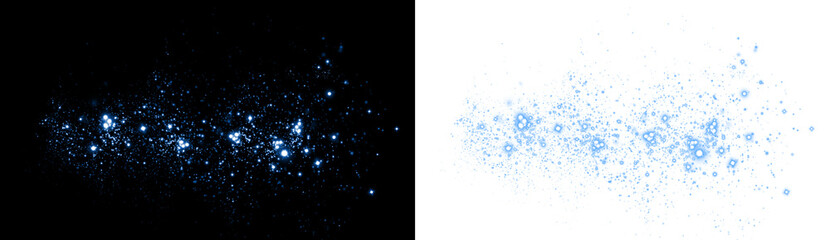 Sparkling blue light particles overlay on contrasting black and white backgrounds, creating a dynamic visual effect for creative projects and design applications with copy space