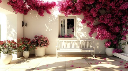 Bright and airy backyard setting with a white bench, colorful bougainvillea vines, and soft natural lighting.