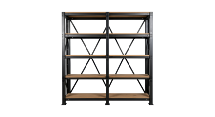 Industrial metal and wood shelving unit with five adjustable shelves and black frame
