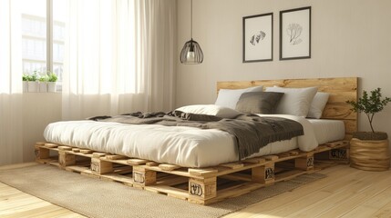Bright and inviting wooden pallet bed with a natural wood frame, plush mattress, and cozy pillows, styled in a modern rustic bedroom