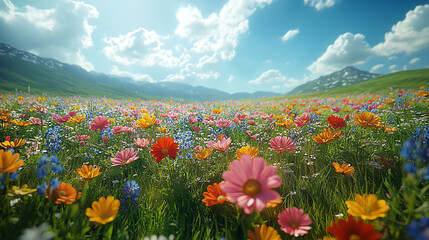 Fototapeta premium A vibrant field of colorful wildflowers under a sunny sky, showcasing nature's beauty and serenity in a picturesque landscape.