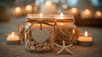 Chic beach wedding souvenirs for guests, featuring glass jar candles with a minimalist nautical design and a heartfelt thank-you note.