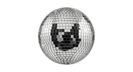 Silver disco ball with reflective squares on transparent background