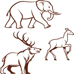 Wild animals silhouette vector illustration with elephant, deer, and bear, isolated wildlife outline drawing, natural fauna graphic design for safari and forest themes.
