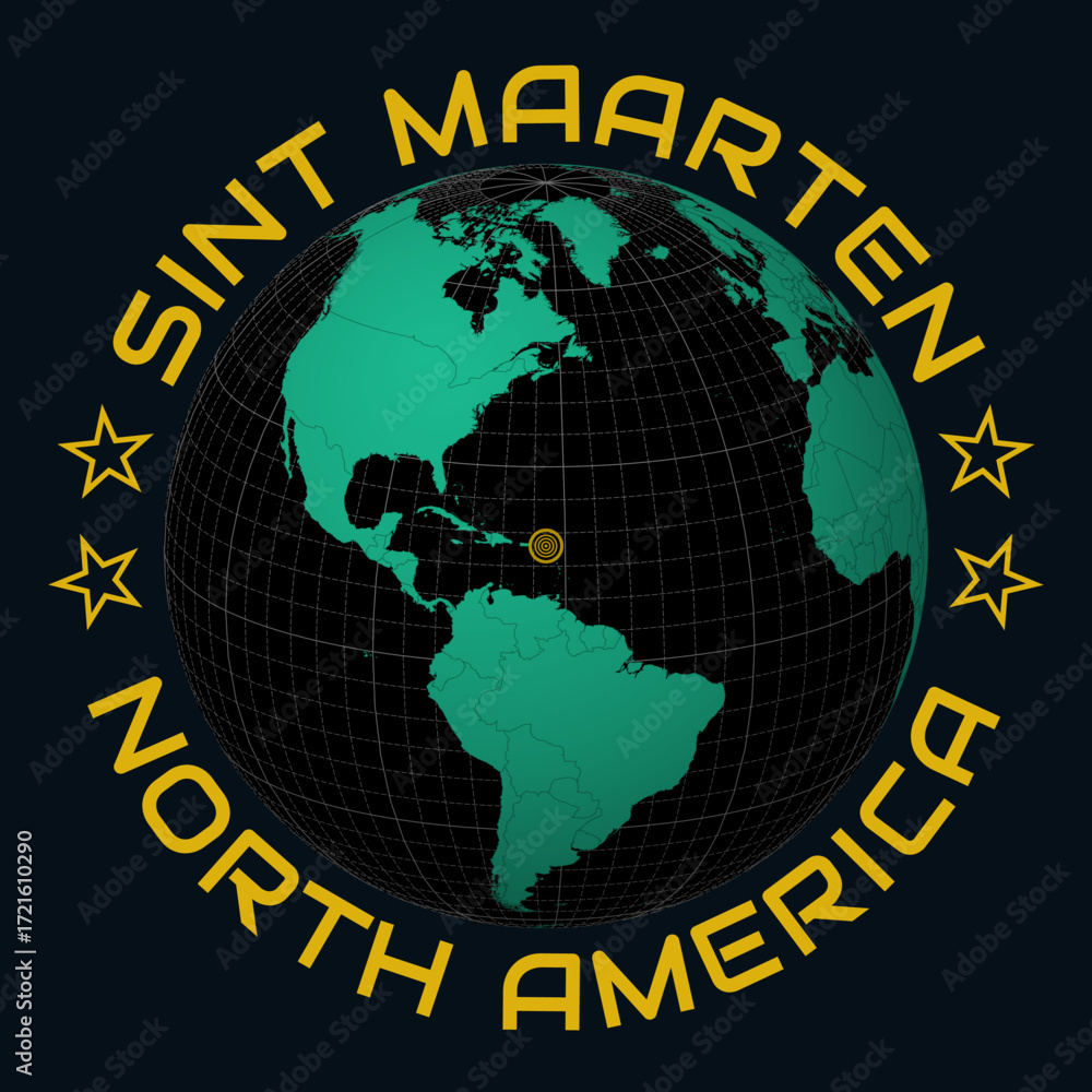 Poster sint maarten on globe. round country and continent name text. country view on world map in black eme