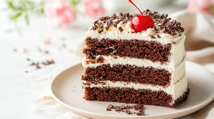 Chocolate cake with rich cocoa layers, smooth vanilla cream, and a single cherry, served on a light pastel plate with soft lighting and copy space