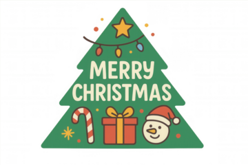 Merry christmas tree sticker with festive elements, celebrating winter holiday spirit and season wishes