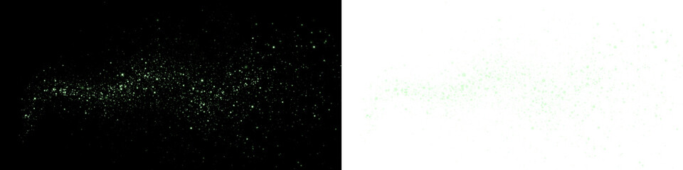 Abstract green glitter overlay on black and white backgrounds, creating a dynamic visual effect, ideal for design projects and creative applications with copy space