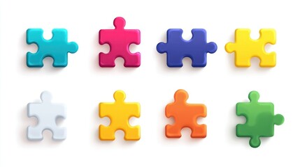 Naklejka premium Vibrant 3D puzzle pieces, eight unique colors, arranged in two rows, white background