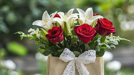 Classic gift bag floral arrangement, with timeless red roses, delicate white lilies, and soft green leaves, tied with a lace ribbon.