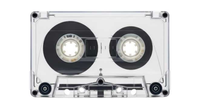 Transparent cassette tape with visible reels and clear case on a white background