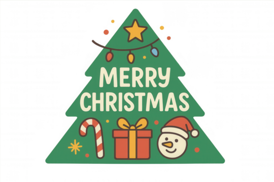 Merry christmas tree sticker with festive elements, celebrating winter holiday spirit and season wishes