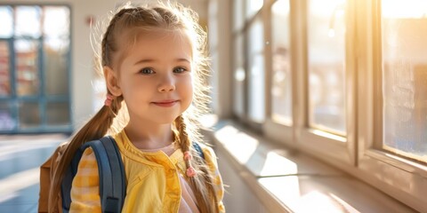 Happy little girl student with backpack smiling for school