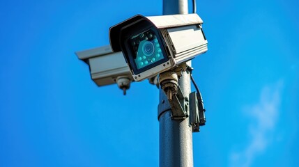 Close-up of a high-tech CCTV security camera system attached to a traffic signal pole, capturing city streets under bright blue sky.