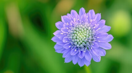 Close-up of a Knautia arvensis flower, showcasing its soft blue-lilac petals with tiny details against a lush green field.