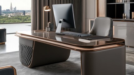 Close-up of a modern office desk with a widescreen monitor, elegant keyboard, and a stylish desk lamp.