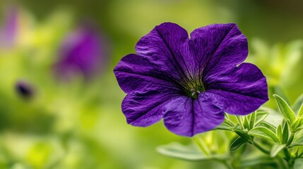 Close-up of a single Mexican petunia bloom with deep purple petals and a bright green nature backdrop.