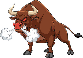 Angry cartoon bull with steam coming from nostrils, aggressive brown animal, strong and fierce, vector illustration for kids, fun character design