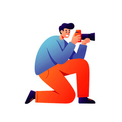 Illustrated man kneeling and aiming a camera, wearing a blue shirt and orange pants, smiling.
