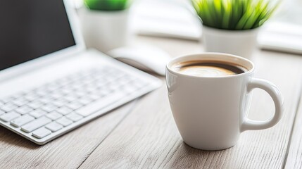 Close-up of an ultra-modern workspace featuring a widescreen monitor, backlit keyboard, and a stylish coffee mug.