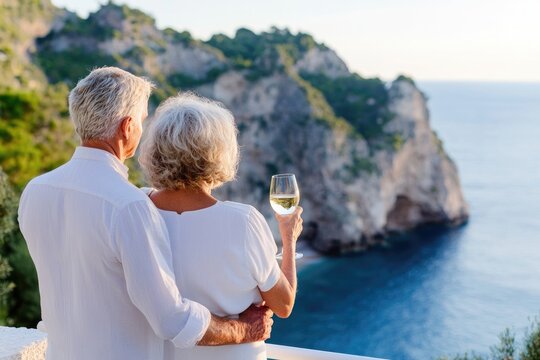 Elderly couple toasting champagne at sunset by the ocean