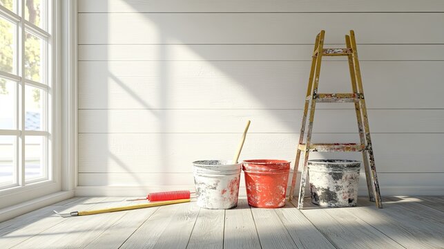 Close-up of home painting tools, including paint buckets and rollers, resting on the floor in an empty, bright white-walled room.