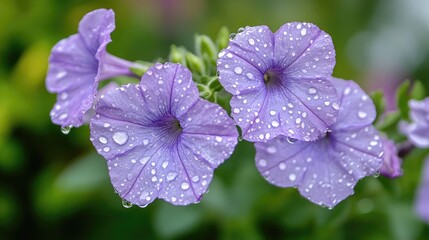 Close-up of raindrops on delicate purple Mexican petunia petals, with a blurred green garden backdrop.