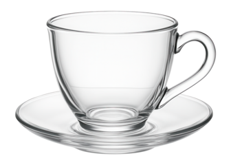 Empty glass tea cup on matching saucer.