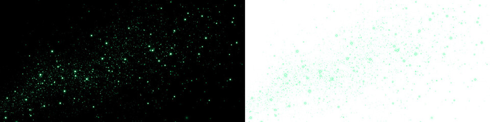 Green glittering particles overlay on black and white backgrounds, creating a magical and enchanting atmosphere for creative design projects and visual storytelling