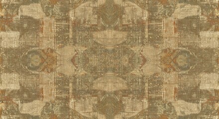 Fototapeta premium Textured woven fabric background with abstract distressed pattern in earthy tones of brown and green, vintage textile surface