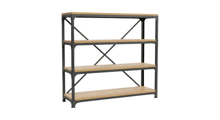 Industrial metal and wood shelf with four tiers and transparent background