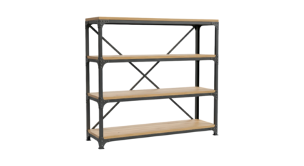 Industrial metal and wood shelf with four tiers and transparent background