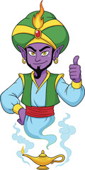 Cartoon genie character emerging from magic lamp, giving thumbs up, purple skin, green turban, animated fantasy figure, vector illustration for kids and storytelling