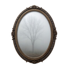 Obraz premium Vintage frame showcases solitary tree shrouded in fog, creating mysterious atmosphere with transparent background