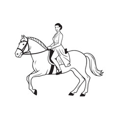 Black and white line art of a beautiful woman with perfect body riding horse elegant minimalist illustration