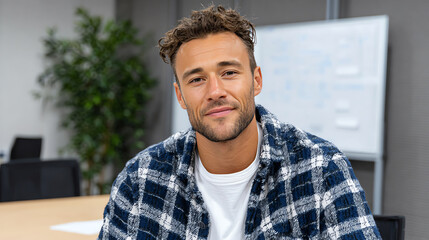 A young man with a friendly smile sits at a desk in a modern office, exuding confidence and professionalism.