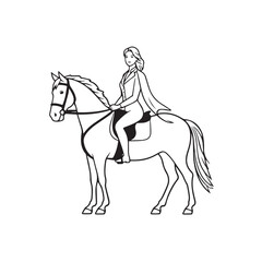 Black and white line art of a beautiful woman with perfect body riding horse elegant minimalist illustration