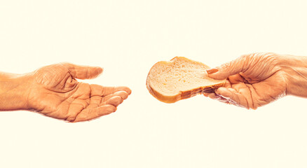 Woman giving poor homeless person pieces of bread, donations, closeup