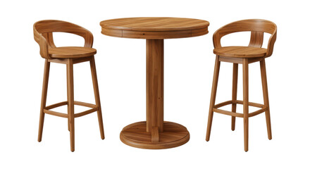 Elegant wooden round table with two matching bar stools on transparent background