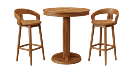 Elegant wooden round table with two matching bar stools on transparent background