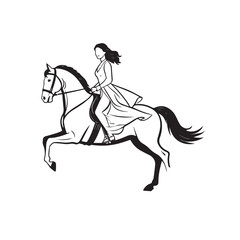 Black and white line art of a beautiful woman with perfect body riding horse elegant minimalist illustration