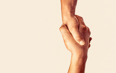 Helping hand, salvation. Closeup help hand. Two hands, helping arm of a friend, teamwork