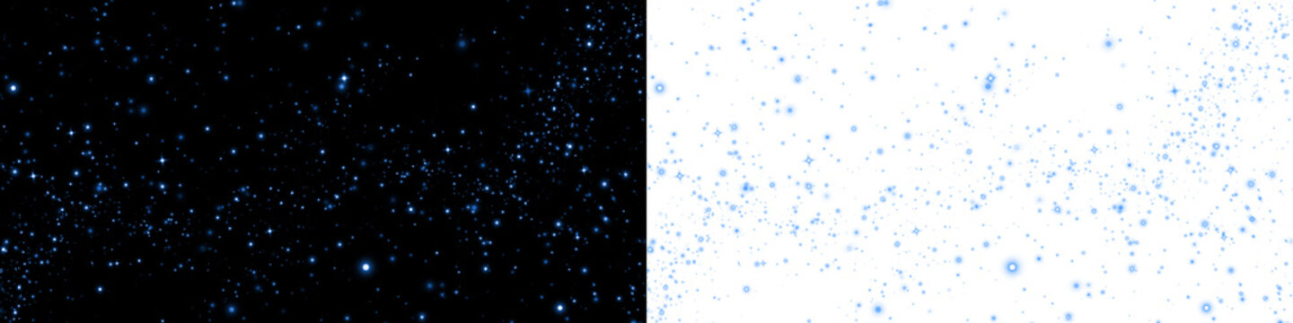 Starry night sky overlay with shimmering blue stars on a black background, contrasting with a bright white space, ideal for creative design projects and visual storytelling