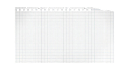Torn graph paper sheet with checked grid and spiral binding on transparent background