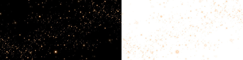 Obraz premium Sparkling golden particles on a contrasting black and white background, creating a mesmerizing overlay effect for design projects and creative applications