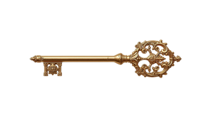 Ornate golden key shines with detailed carvings, perfect for mystery book covers or logo design.
