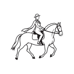 Black and white line art of a beautiful woman with perfect body riding horse elegant minimalist illustration