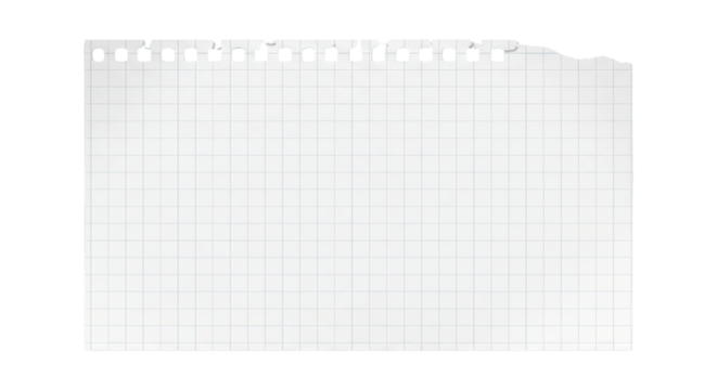 Torn graph paper sheet with checked grid and spiral binding on transparent background